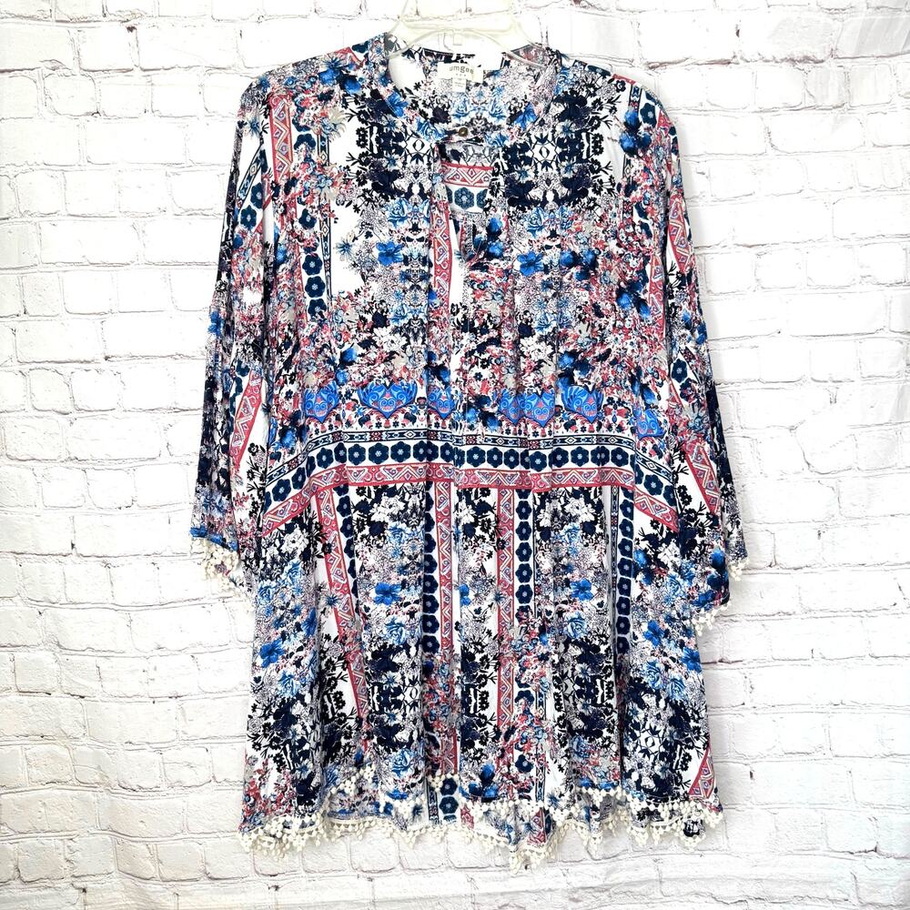Umgee Wms M Multicolored Floral Geometric Trapeze Mini Dress Boho Hippie